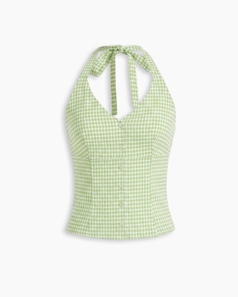 Halter Neck Fitted Straight Hem Striped Sleeveless Crop Top in Light Green