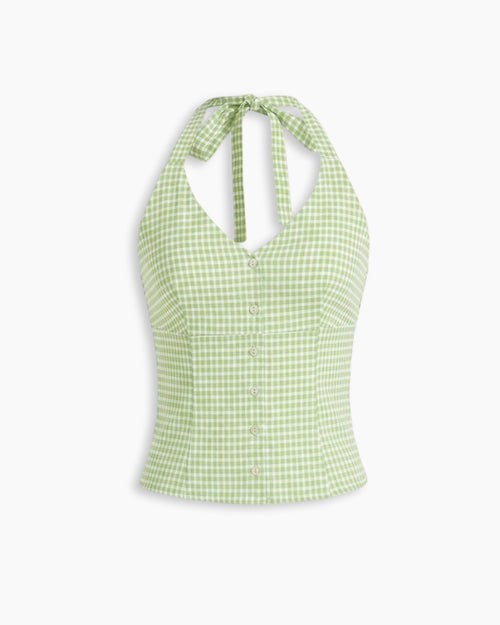 Halter Neck Fitted Straight Hem Striped Sleeveless Crop Top in Light Green