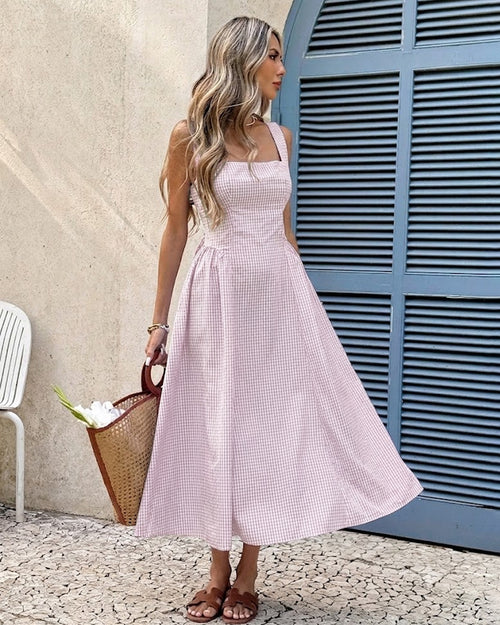 Square Neck Fit and Flare Striped Gingham Sleeveless Midi Dress in Baby Pink