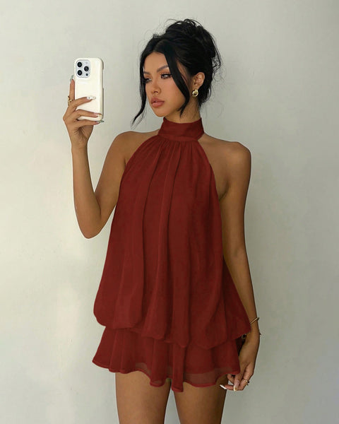 Halter Neck Relaxed Fit Sleeveless Mini Dress in Burgundy