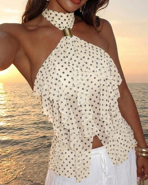 Halter Neck Regular Asymmetrical Ruffle Hem Polka Dot Pattern Sleeveless Top in Off White