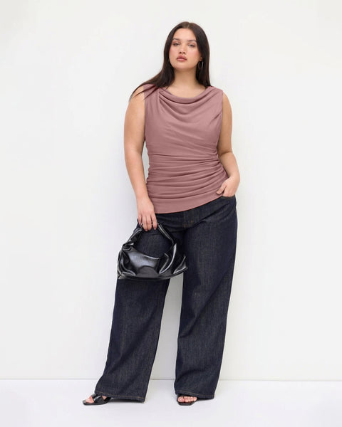 Solid Ruched Round Neck Crop Top Curve and Plus In Dusty Pink