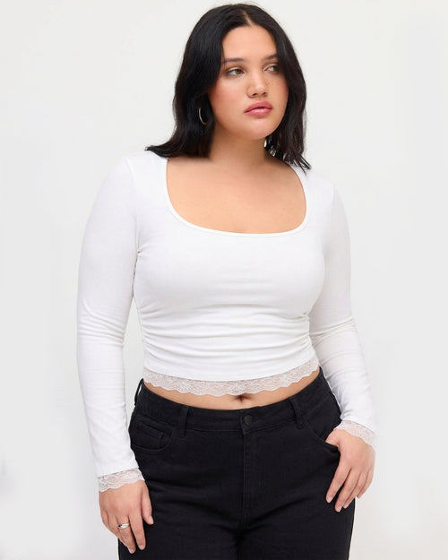 Solid Long Sleeve Bottom Lace Square Neck Top Curve and Plus in Classic White