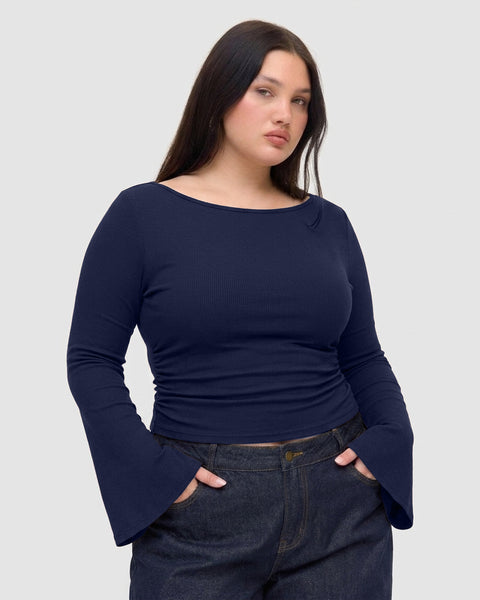 Boat Neck Solid Ruched Long Sleeve Top Curve and Plus in Navy Blue