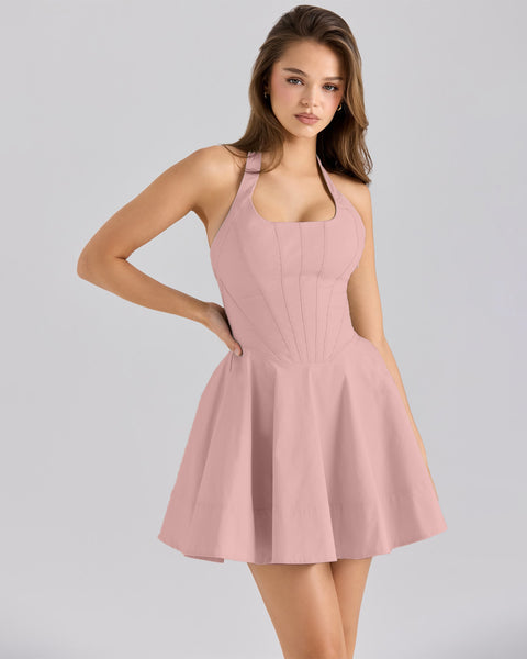 Halter Neck Fit and Flare Solid Sleeveless Mini Dress in Dusty Pink