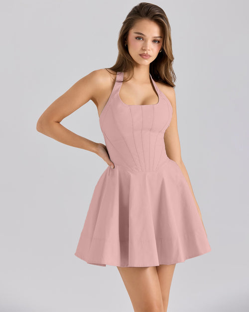 Halter Neck Fit and Flare Solid Sleeveless Mini Dress in Dusty Pink
