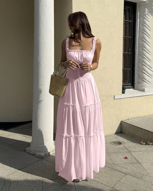 Square Neck Fit and Flare Sleeveless Layered Maxi Dress in Baby Pink