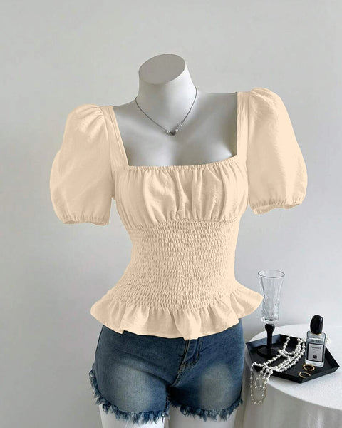 Smocked Peplum Puff Sleeve Top in Nude Beige