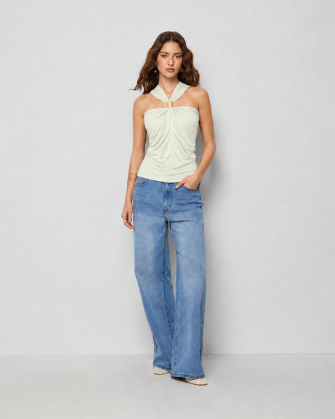 Elegant Twist Front Halter Top in Cream