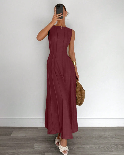 Pleated Waist A-Line Maxi Dress in Burgundy