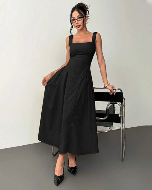 Square Neck Sleeveless A-Line Midi Dress in Classic Black