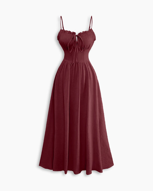 Spaghetti Strap Ruched Bust Maxi Dress in Deep Maroon