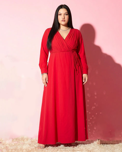 V-Neck Fit and Flare Full Sleeves Maxi Wrap Dress Curve and Plus in Bright Red