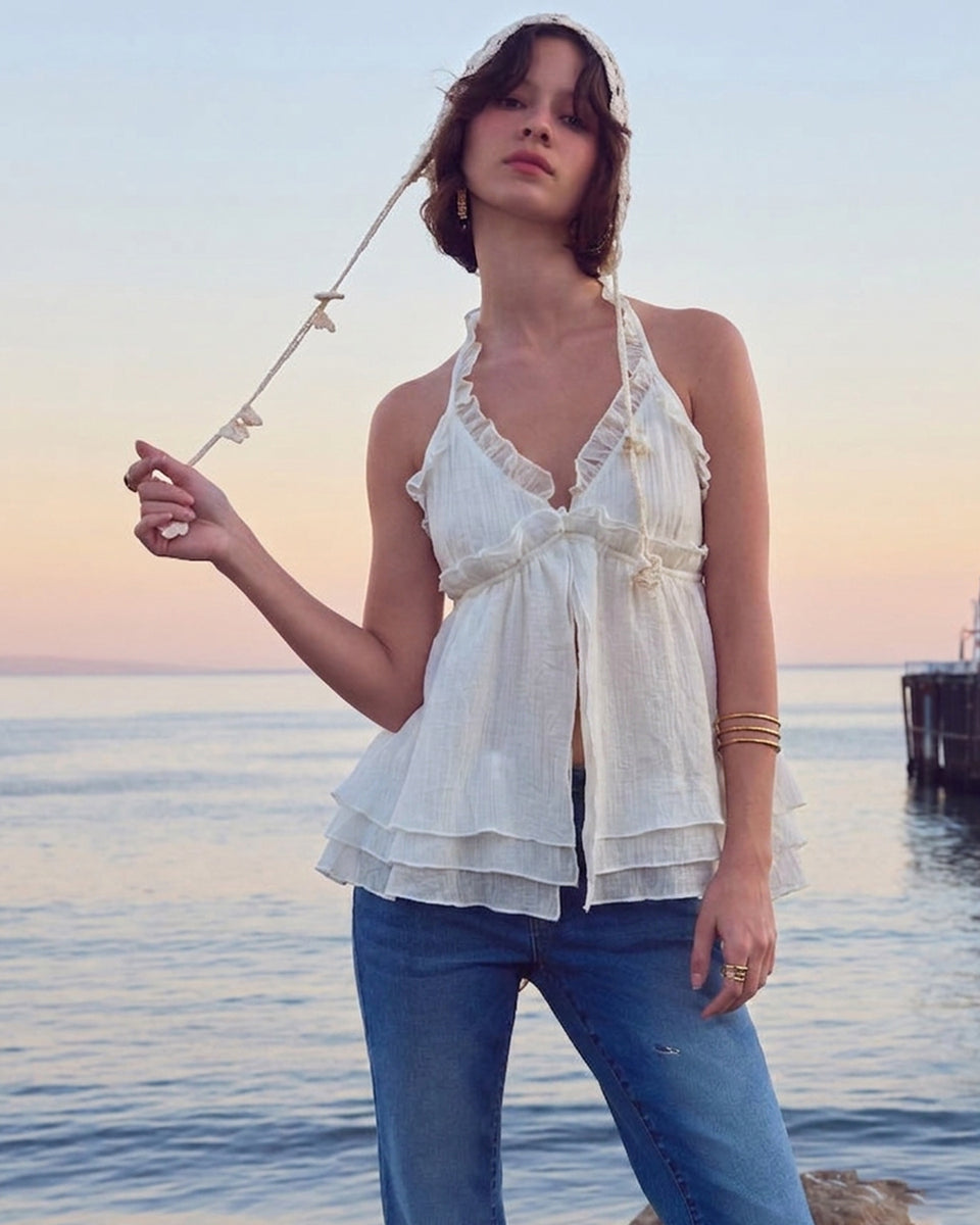 Chic Halter Frill Sleeveless Top in Cream- Littlebox India