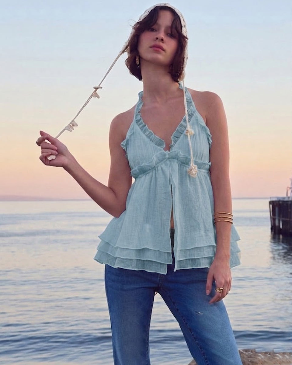 Chic Halter Frill Sleeveless Top in Slate Blue- Littlebox India