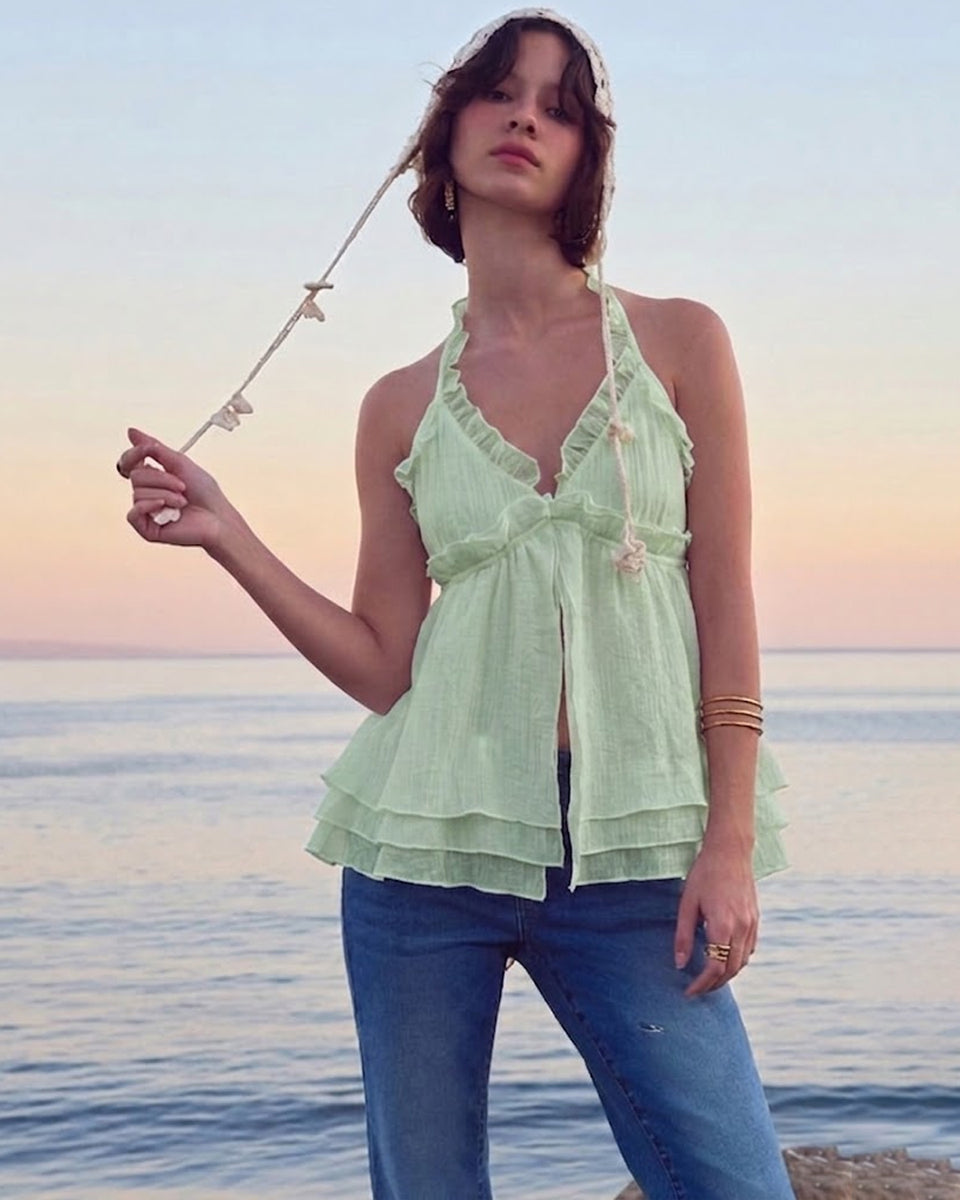 Chic Halter Frill Sleeveless Top in Light Green- Littlebox India