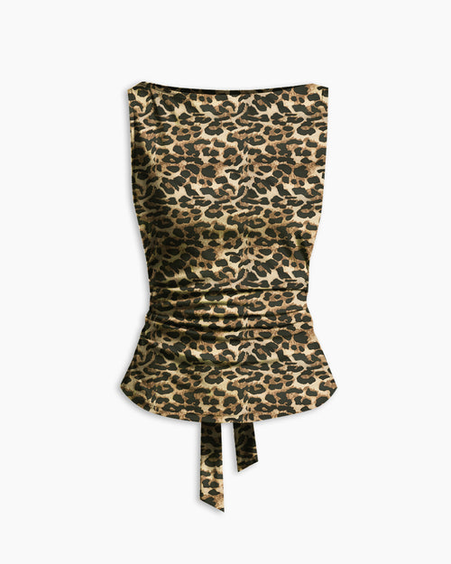Leopard Print Ruched Sleeveless Top in Cocoa Brown