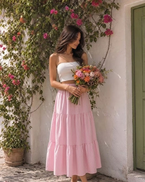 Strapless Tube Top & Solid Tiered Maxi Skirt Set in Classic White and Powder Pink