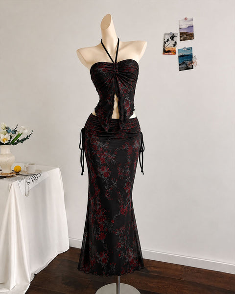 Bohemian Strapless Sleeveless Floral Mesh Ruffle Top And Mermaid Skirt Set in Classic Black