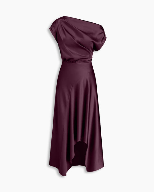 Asymmetrical Boat Neck Ruffle Maxi Dress In Wine Maroon