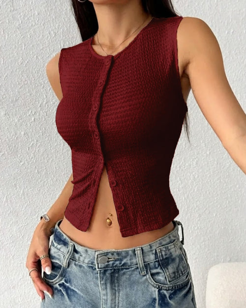 Sleeveless Textured Button Front Crop Top In Crimson Red
