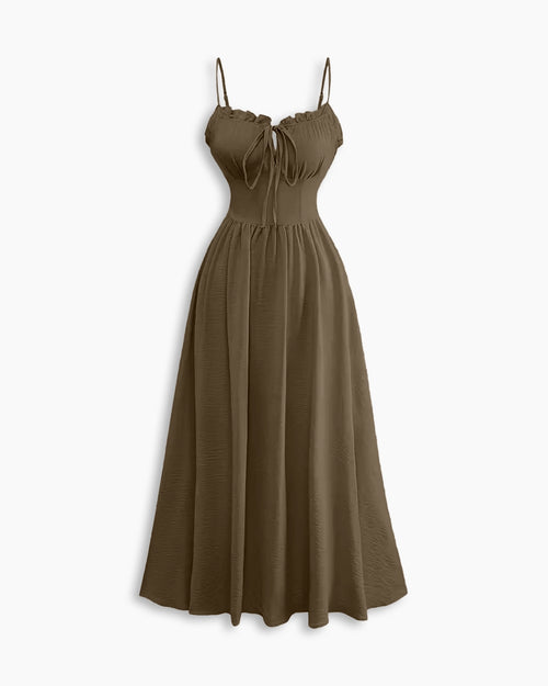 Spaghetti Strap Ruched Bust Maxi Dress in Chocolate Brown