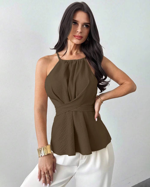 Wrap Tie Waist Solid Color Criss-Cross Sleeveless Top in Chocolate Brown