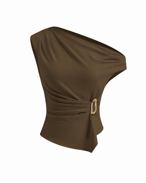 Textured Asymmetrical Neck Metal Detail Ruched Top in Chocolate Brown