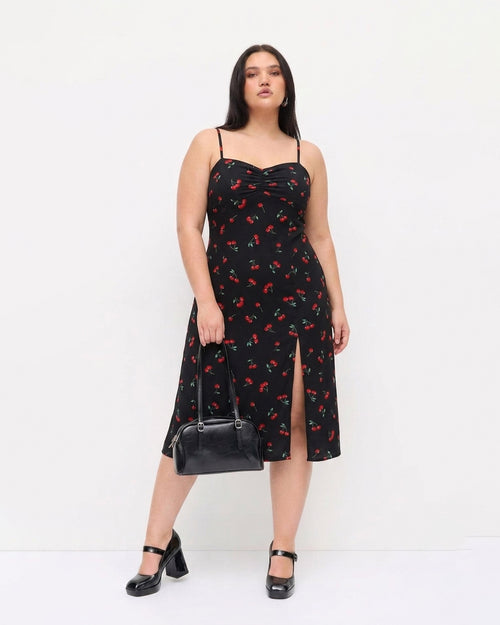 Cherry Print Slit Midi Dress Curve and Plus in Classic Black