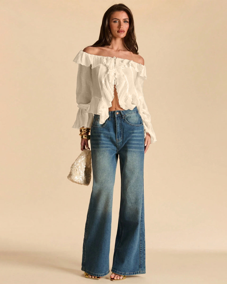 Off-Shoulder Ruffle Hem Tie-Front Crop Top in Cream- Littlebox India