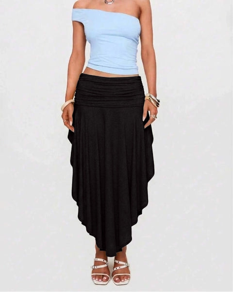Solid Asymmetrical Hem Maxi Skirt in Classic Black