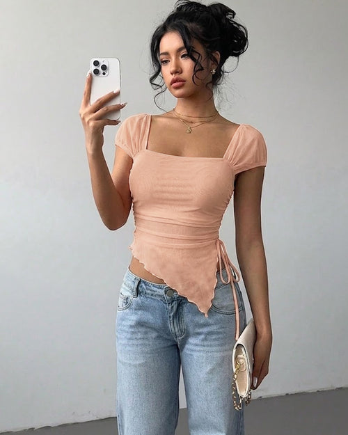 Tie Front Asymmetrical Hem Sleeveless Top in Peach