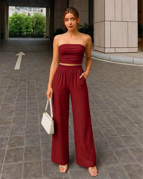 Off Shoulder Crop Top And Wide Leg Pant In Merlot
