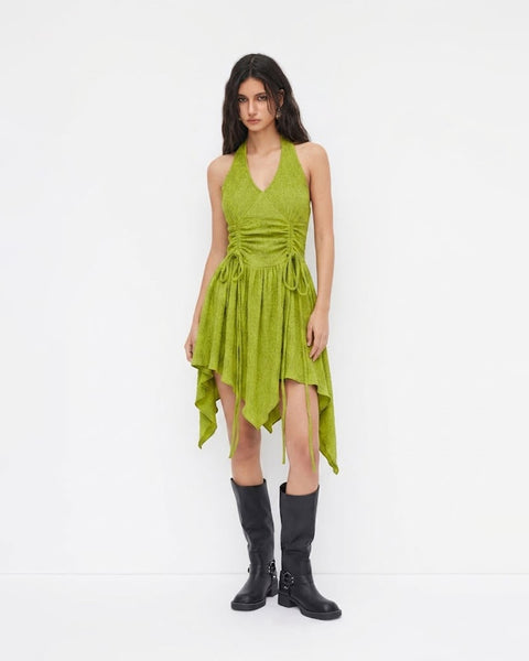 Halter Neck Asymmetric Hem Fit and Flare Mini Dress in Dark Citron