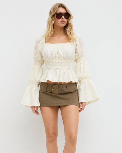 Solid Square Neck Flared Sleeve Crop Top in Classic White