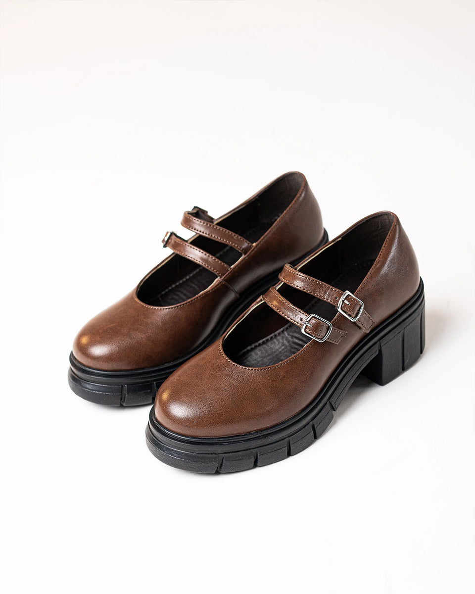 Double Buckle Strap Platform Mary Jane Shoes in Chocolate Brown ...