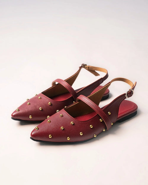Studded Pointed Toe Slingback Flats in Burgundy