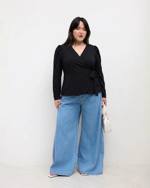 Wrap Tie Waist Full Sleeves Peplum Top Curve and Plus in Classic Black