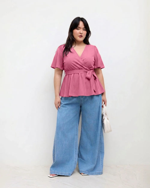 Wrap Tie Waist Peplum Top Curve and Plus in Hot Pink