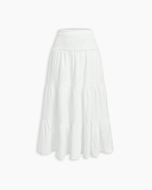 Smocked Waist Tiered Relaxed Fit Maxi Skirt in Off White