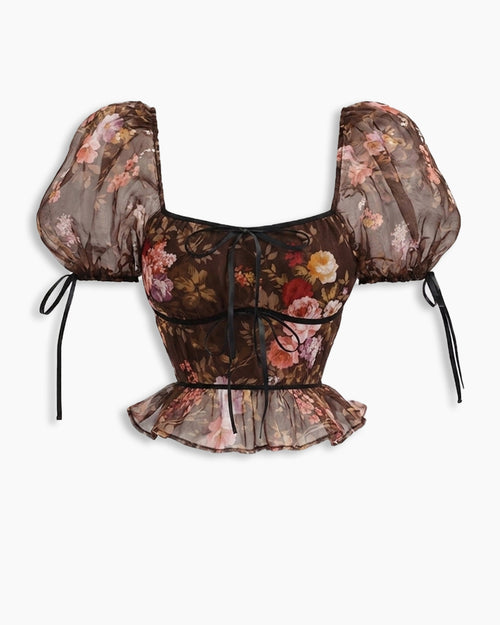 Puff Sleeve Floral Square Neck Peplum Top in Chocolate Brown