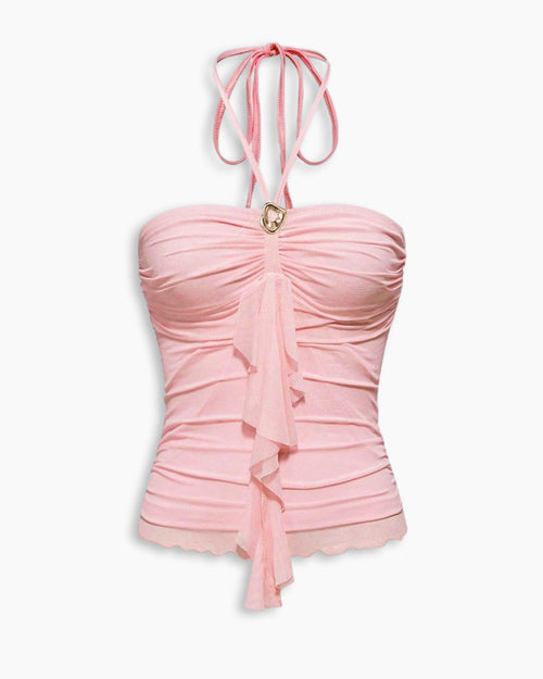 Ruffle Trim Halter Tie Top In Light Pink