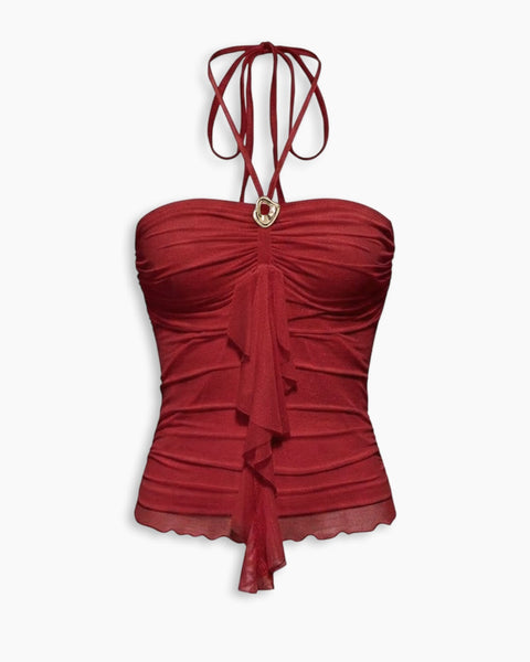Ruffle Trim and Halter Tie in Crimson Red