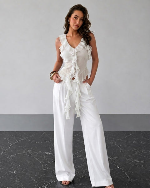 Asymmetrical Hem Halter Neck Ruffle Trim Top in Off White