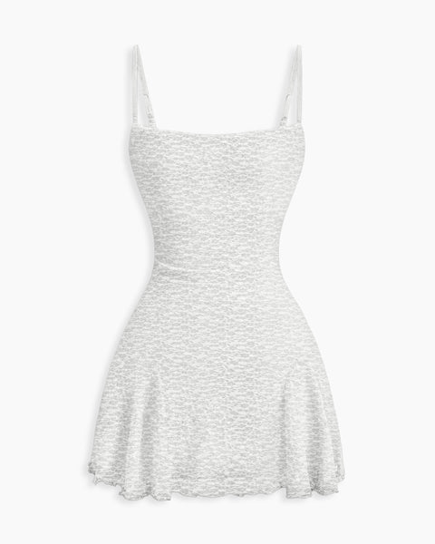 Floral Textured Spaghetti Strap Bodycon Mini Dress in Classic White