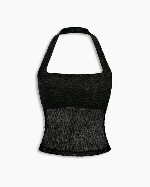 Halter Neck Sheer Lace Fitted Crop Top in Classic Black