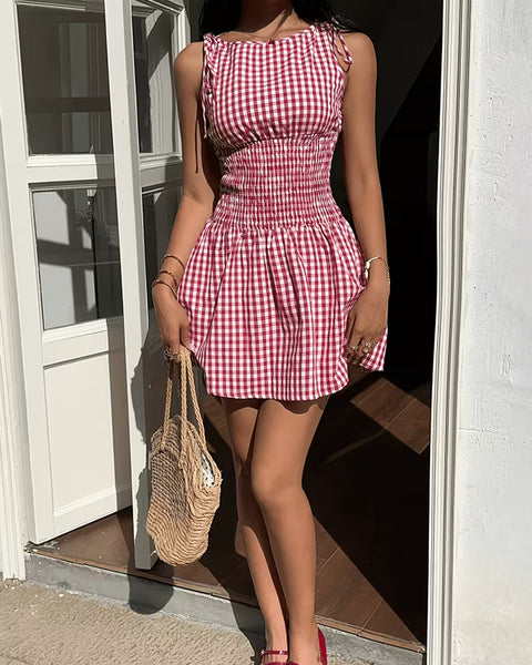 Smocked Bodice Sleeveless Checkered Mini Dress In Red
