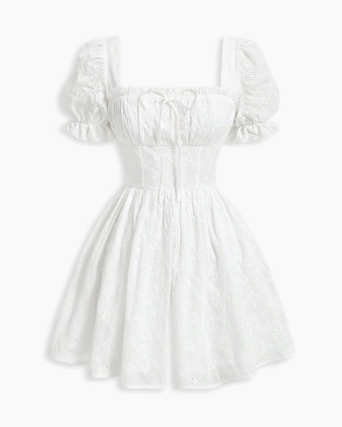 Puff Sleeve Ruched Mini Dress in Classic White