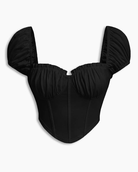 Puff Sleeve Sweetheart Neck Ruched Corset Top in Classic Black