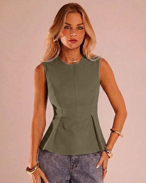 Front Zipper Round Neck Sleeveless Peplum Top